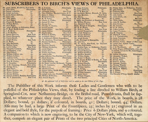 William Birch (1755-1834), Subscribers To Birch's Views of Philadelphia