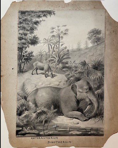 Joseph Smit (1836-1929), 1. Anthracotherium (Background) and 2. Deinotherium (Foreground)