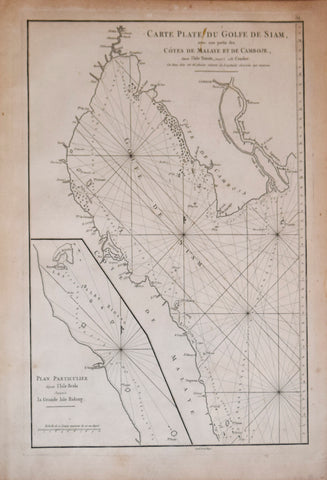 Jean-Baptiste-Nicolas-Denis d'Après de Mannevillette, (1707-1780), Carte Plate du Golfe de Siam avec une partie des Cotes de Malaye et de Camboje…