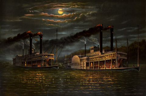 Donaldson Art Sign Co., Night-time Race Between Paddlewheelers Natchez and the Robert E. Lee.