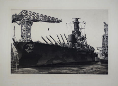 John Taylor Arms (American, 1887-1953), Battle Wagon - U.S.S. Alabama outfitting at Norfolk Navy Yard, Crane Ship Kearsage Alongside