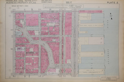 Franklin Survey Company, Plate 2 (S 3rd St and Spruce St to Chestnut St and Delaware Ave, with Delaware River)