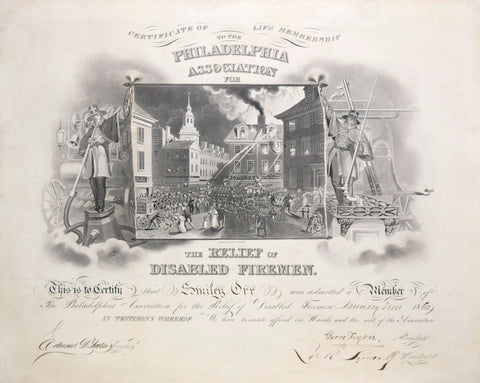 John Rubens Smith (1775-1849), Certificate of life membership to the Philadelphia Association for the relief of disabled firemen