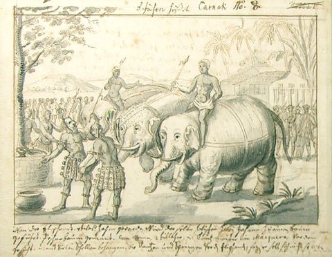 German School (18th century) Scene with Elephants, Rhinos and Warring Figures