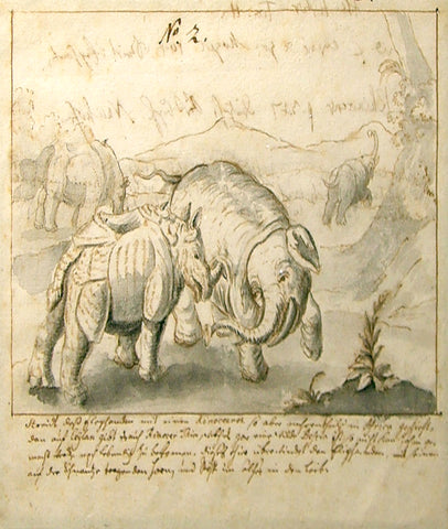 German School (18th century) Scene with Elephants, Rhinos and Warring Figures