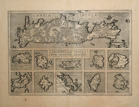 Abraham Ortelius (Flemish, 1527-1598)   Candia Insula Archipelagi Insularum Aliquot Descript. [Candia-Crete and ten other Greek islands]