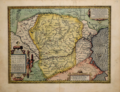 Abraham Ortelius (Flemish, 1527-1598)  Daciarum Moesiarum...  Moesia and Dacia, [Modern day Romania, Moldova and others]