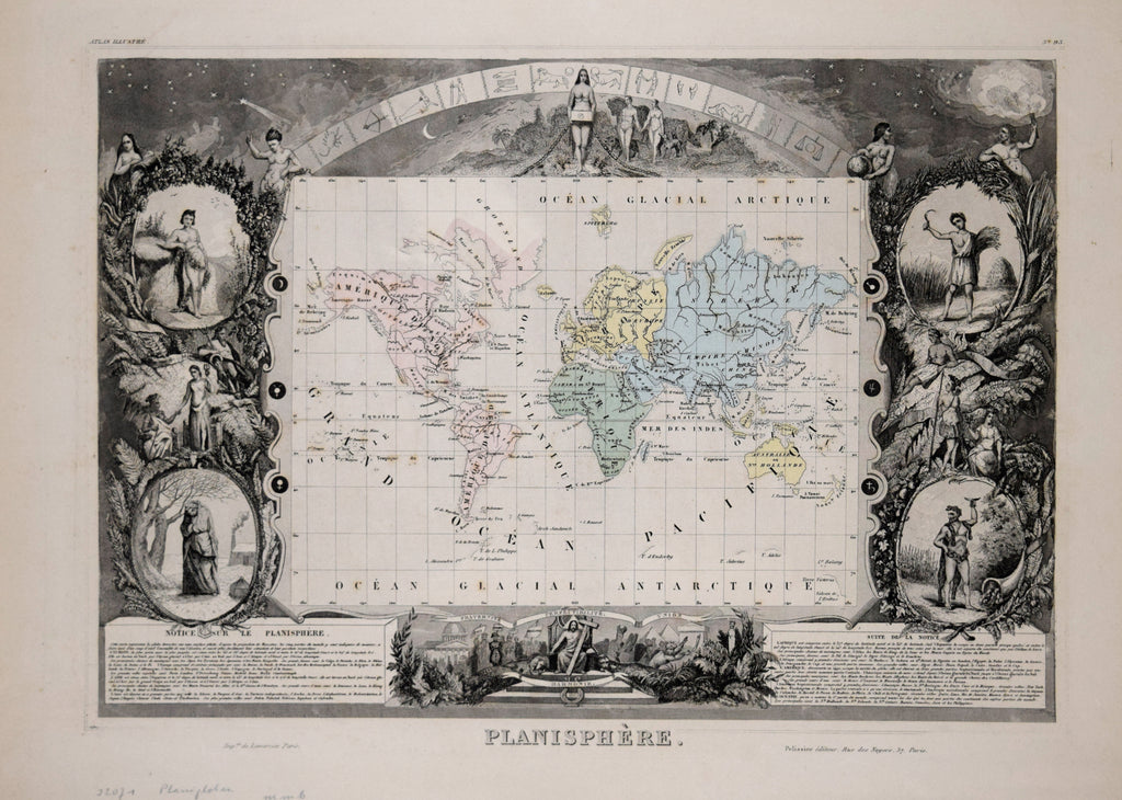 みや　額装　西洋古地図　1856年　 Levasseur 「パリ全図」美品 Victor Levasseur (1800-1870) Planisphere, No. 93 [World Map