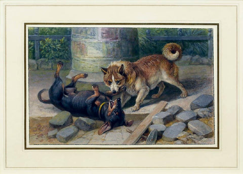 Friedrich Specht (German, 1839-1909) A Dachshund Puppy and Husky Playing