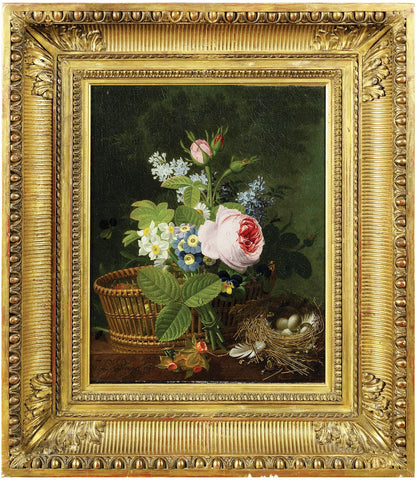 Jean Louis Prévost (c. 1760-1810), Still-life with a bouquet of flowers and a bird's nest with eggs