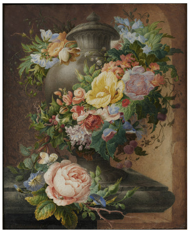 Herman Henstenburgh (Dutch, 1667-1726), An Urn, Garlanded with Flowers with Various Insects and Snails on a Stone Ledge