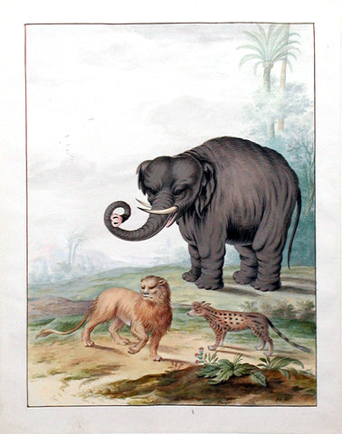 Johannes Bronckhorst (Dutch, 1648-1727) An Asian Elephant, a Lion and a Civet Cat in a Landscape