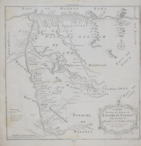 Jacques Nicolas Bellin (French, 1703-1772), Carte du Cours des Rivieres de Faleme et Sanaga dans les Pays de Banbuc et Tamba Awra..Mr. Compagnon {Part of Mali and Cameroon in West Africa]