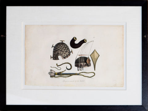 Louis Choris (1795-1828), Plate XIV, Bonnets et ustensiles des iles Sandwich