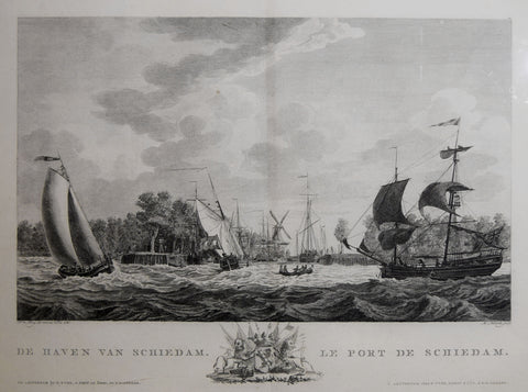 Mathias de Sallieth (1749-1791), Engraver, De Haven van Schiedam. Le Port de Schiedam, 1780. (View of the Harbor of Schiedam Netherlands)