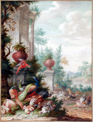 Herman Henstenburgh (Dutch, 1667-1726), A Peacock, a Parrot and other exotic birds in a park landscape