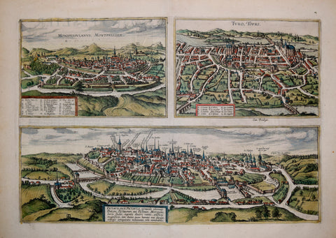 Georg Braun (1541-1622) & Franz Hogenberg (c.1538-1590), Monsiessulanus Montpellier, Turo Tours, Pictavis sive...