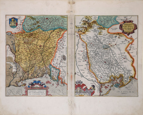 Abraham Ortelius (1527-1598), a) Patavini Territo RII Corographia… b) Tarvisini Agri Typus Auctore Io Pinadello Phil. et I.C. Tarvisino [Venice Region]