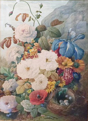 W. Barifer (French, fl. 1850-1870), Still Life with Roses, Iris, Poppy, and Bird Nest