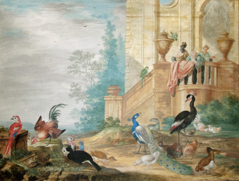 Johannes Bronckhorst (Dutch, 1648-1727), A group of birds in the grounds of an elegant house...