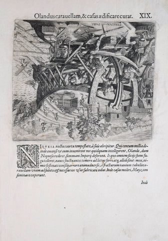 Theodore de Bry (1528-1598), after John White (c. 1540-1593), Olanduscarauellam & cafas aedificarecurat XIX