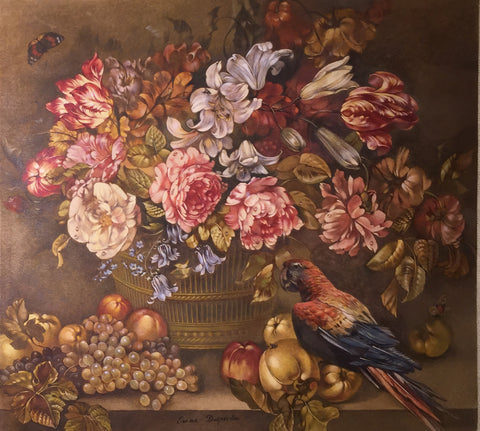 Emma-Andre-Felicit Desportes de la Fosse (French,1810-1869), Basket of Flowers with Fruit on a Ledge with Parrot