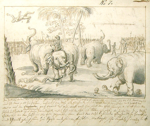 German School (18th century) Scene with Elephants, Rhinos and Warring Figures