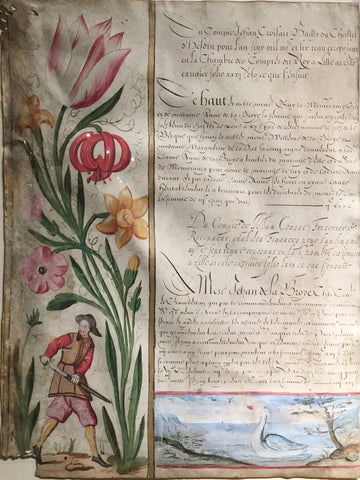 Flemish, 17th Century, [Swordsman with Tulip, Maratagon Lily, Narcissus, Iris. Inset of Swan at a Shoreline]