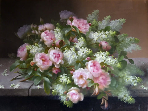 Raoul Maucherat de Longpré (French, 1843-1911), A bouquet of pink roses and lilacs