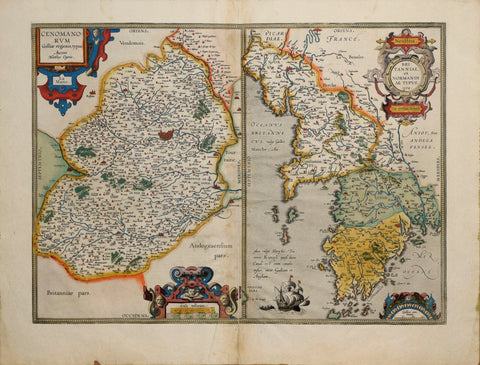 Abraham Ortelius (Flemish, 1527-1598)  a) Cenomanorum Galliae.. La Mans  b) Neustria,  Britanniae et Normandiae... [Le Mans & Bretagne and Normandy, France]
