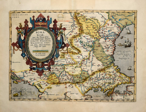 Abraham Ortelius (Flemish, 1527-1598)  Romaniae (quae olim Thracia dicta)... [Southeastern Europe with Romania and surrounding countries]