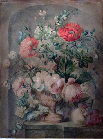 Pieter van Loo (Dutch, 1731-1784), Still Life of Roses, Poppies, and Assorted Flowers in an Urn on a marble Ledge